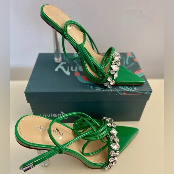 Vivianly Shoes - vivianly Strappy Stiletto Clear High Heels Rhinestone Woman's Size: 7  Green
